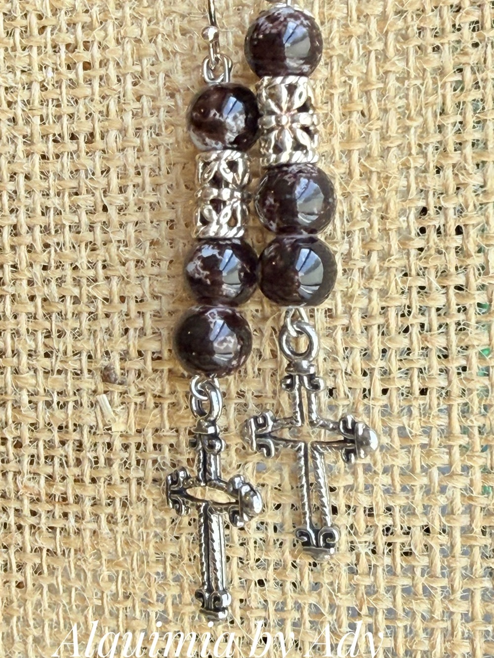 Alquimia Dark Brown Beaded Cross Drop Earrings with Silver Accents